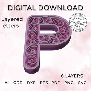 Layered letter - layered letter svg - Layered Floral Alphabet SVG DXF - Letter P 3D Mandala Svg - Layered Mandala Svg Dxf