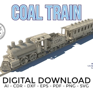 Exquisite Laser Cut Train Model - Locomotive, Coal Wagon & Passenger Wagon - 1/8 inch Plywood Ready!