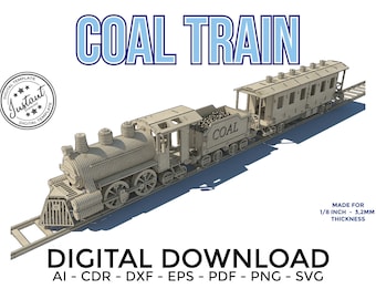 Exquisite Laser Cut Train Model - Locomotive, Coal Wagon & Passenger Wagon - 1/8 inch Plywood Ready!