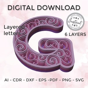 Layered letter - layered letter svg - Layered Floral Alphabet SVG DXF - Letter G 3D Mandala Svg - Layered Mandala Svg Dxf