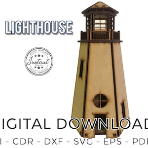 Può includere: Download digitale di un design di faro, perfetto per il taglio laser. Il design include un faro dettagliato con una finestra e una porta. I formati di file inclusi sono AI, CDR, DXF, SVG, EPS e PDF.