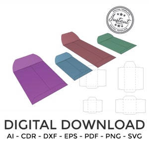 Könnte beinhalten: Eine digitale Download-Vorlage für eine gefaltete Schachtel mit Klappe. Die Vorlage wird in vier verschiedenen Farben gezeigt: Lila, Blau, Grün und Rot. Die Vorlage wird auch in Schwarzweiß dargestellt.