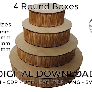 Laser Cut Vektor DATEI cdr dxf eps für Lasercut oder Cnc-Fräser 4 ROUND BOX Set Caja Runddateien Archivos