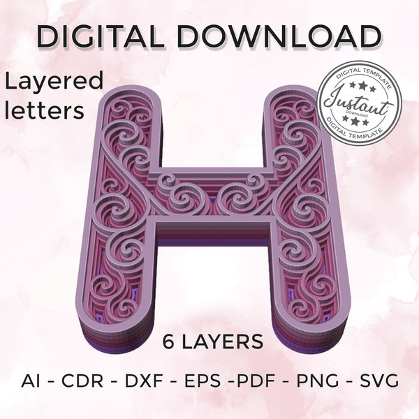 Layered letter - layered letter svg - Layered Floral Alphabet SVG DXF - Letter H 3D Mandala Svg - Layered Mandala Svg Dxf