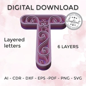Layered letter - layered letter svg - Layered Floral Alphabet SVG DXF - Letter T 3D Mandala Svg - Layered Mandala Svg Dxf