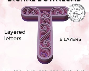 Layered letter - layered letter svg - Layered Floral Alphabet SVG DXF - Letter T 3D Mandala Svg - Layered Mandala Svg Dxf