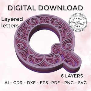 Layered letter - layered letter svg - Layered Floral Alphabet SVG DXF - Letter Q 3D Mandala Svg - Layered Mandala Svg Dxf
