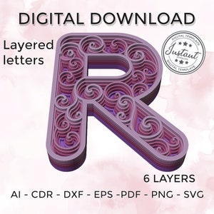Layered letter - layered letter svg - Layered Floral Alphabet SVG DXF - Letter R 3D Mandala Svg - Layered Mandala Svg Dxf