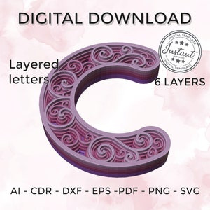 Layered letter - layered letter svg - Layered Floral Alphabet SVG DXF - Letter C 3D Mandala Svg - Layered Mandala Svg Dxf