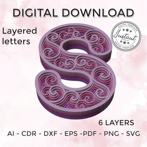 Layered letter - layered letter svg - Layered Floral Alphabet SVG DXF - Letter S 3D Mandala Svg - Layered Mandala Svg Dxf