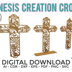 May include: Three laser-cut Genesis Creation Cross designs in a warm brown colour. The crosses feature intricate cutouts depicting scenes from the Bible. The image includes the text "DIGITAL DOWNLOAD" and file formats.