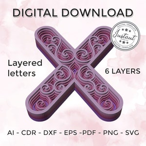 Layered letter - layered letter svg - Layered Floral Alphabet SVG DXF - Letter X 3D Mandala Svg - Layered Mandala Svg Dxf