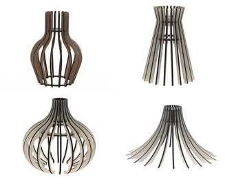 May include: Four different styles of wooden lampshades. The lampshades are made of thin strips of wood that are arranged in a geometric pattern. The lampshades are all different shapes and sizes.