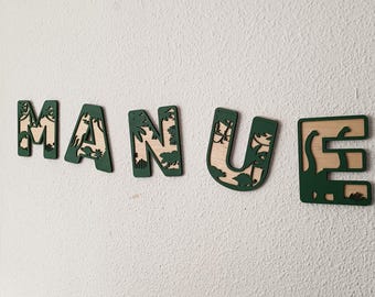 Aangepaste naam, houten naambord, dinosaurusletters, prehistorisch thema, wanddecoratie kinderkamer, dinosauruskunst aan de muur, aangepaste houten letters, dinosaurusthema