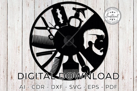 Planos de reloj de barbería, corte láser, patrones de corte láser, vector  de corte láser, reloj, cnc, archivos dxf para cnc, plantilla de corte