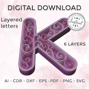 Letra en capas - letra en capas svg - Alfabeto floral en capas SVG DXF - Letra K 3D Mandala Svg - Mandala en capas Svg Dxf