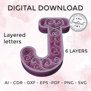 Layered Buchstabe - Layered Buchstabe svg - Layered Floral Alphabet SVG DXF - Buchstabe J 3D Mandala SVG - Layered Mandala SVG Dxf