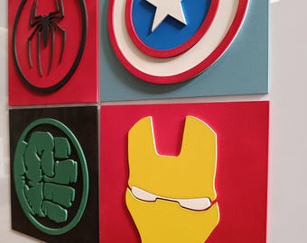 Superhero wood Decorative Wall Art, Set of Frames, Geek Decor, Original Gift for Fans, Ironman, Hulk, Captain America, Spiderman, Avengers