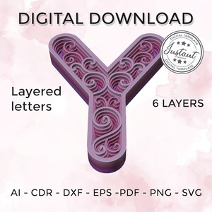 Layered letter - layered letter svg - Layered Floral Alphabet SVG DXF - Letter Y 3D Mandala Svg - Layered Mandala Svg Dxf