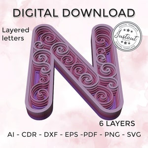 Layered letter - layered letter svg - Layered Floral Alphabet SVG DXF - Letter N 3D Mandala Svg - Layered Mandala Svg Dxf