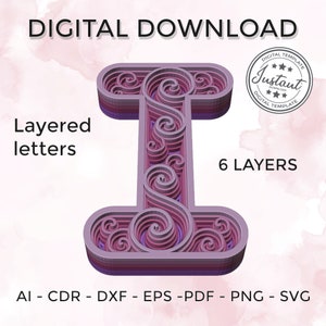 Layered letter - layered letter svg - Layered Floral Alphabet SVG DXF - Letter I 3D Mandala Svg - Layered Mandala Svg Dxf