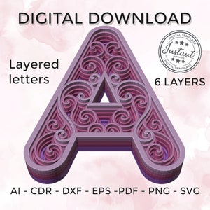 Lettre en couches - lettre en couches svg - Alphabet floral en couches SVG DXF - Lettre A Mandala 3D Svg - Mandala en couches Svg Dxf
