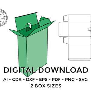 Puede incluir: Una plantilla de caja descargable digitalmente con un asa recortada. La plantilla se muestra en verde e incluye dos tamaños de caja. La plantilla está disponible en los formatos AI, CDR, DXF, EPS, PDF, PNG y SVG.