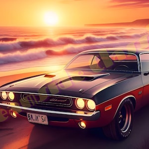 Dodge Challenger Classic, klassieke autokunst, retro digitale autokunst, AI-gegenereerde autofoto, digitale downloads, woondecoratie.