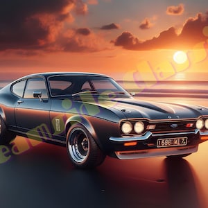 Classic Ford Capri,Classic Ford Fastback,Classic car art ,Retro automobile digital art ,AI-generated car picture ,Digital downloads.