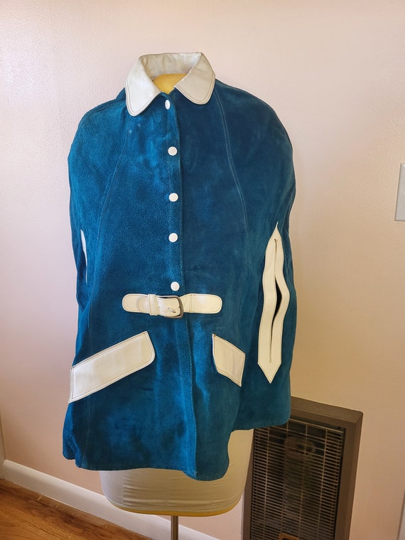 Vintage Peacock Blue Leather and Suede Capelet