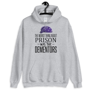 May include: A gray hoodie with a purple bandana graphic and the text "The worst thing about prison -was the- Dementors".