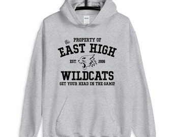 May include: Gray hooded sweatshirt with black text that reads "the property of East High est. 2006 Wildcats get your head in the game!" with a black silhouette of a wildcat head.