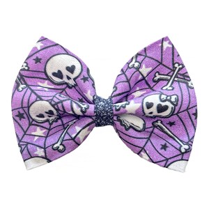 Halloween Dog Bow Tie, Purple Skull And Spider Web, Fall Pet Collar Bow