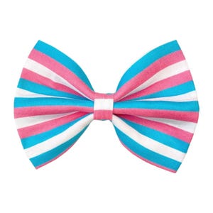May include: A blue, pink and white striped bow tie. The bow tie is made of fabric and has a classic bow shape.