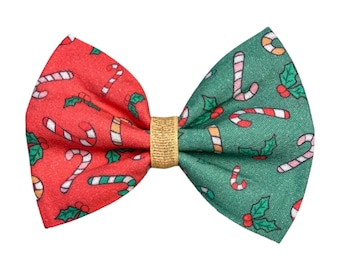 Candy Cane Christmas Dog Bow Tie, Holiday Cat Collar Bow Accessory