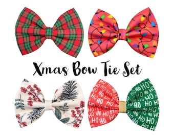Christmas Dog Bow Tie Gift Set, Holiday Plaid And Lights, Cat Accessory