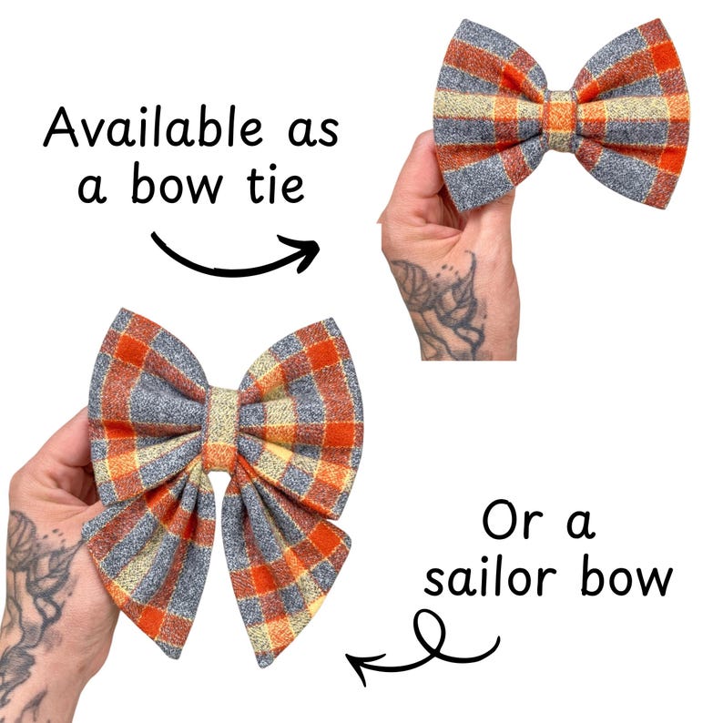 Orange and gray plaid dog bow tie or cat bow tie on a white background. Two Velcro straps are sewn on to the back.