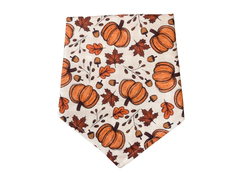 A dog bandana with fall pumpkins and leaves scattered around a beige background.