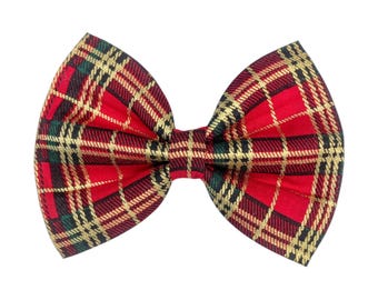 Red And Gold Christmas Plaid Dog Bow Tie Or Cat Bow Tie, Christmas Bows For Dog Collar, Festive Pet Wear