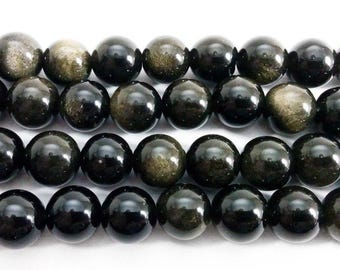 Natural 10mm Gold Obsidian Round Beads Genuine Gemstone