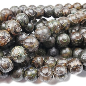 Natural 12mm Tibetan Dzi Style Dark Brown Antiqued Agate Round Beads Genuine Gemstone