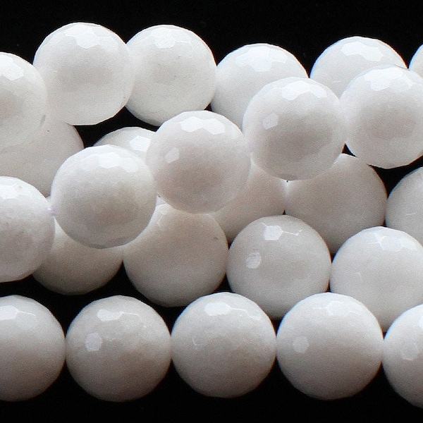 Natural 8mm White Jade Faceted Round Beads Genuine Gemstone