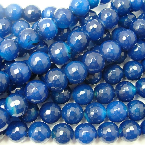 Natural 12mm Dark Blue Agate Faceted Round Beads Genuine Gemstone