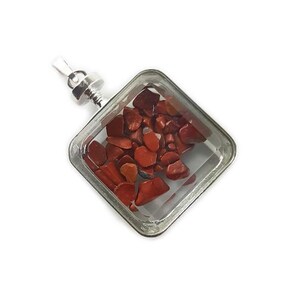 30x30mm Red Jasper Chips In Square Glass Pendant Genuine Natural Gemstone
