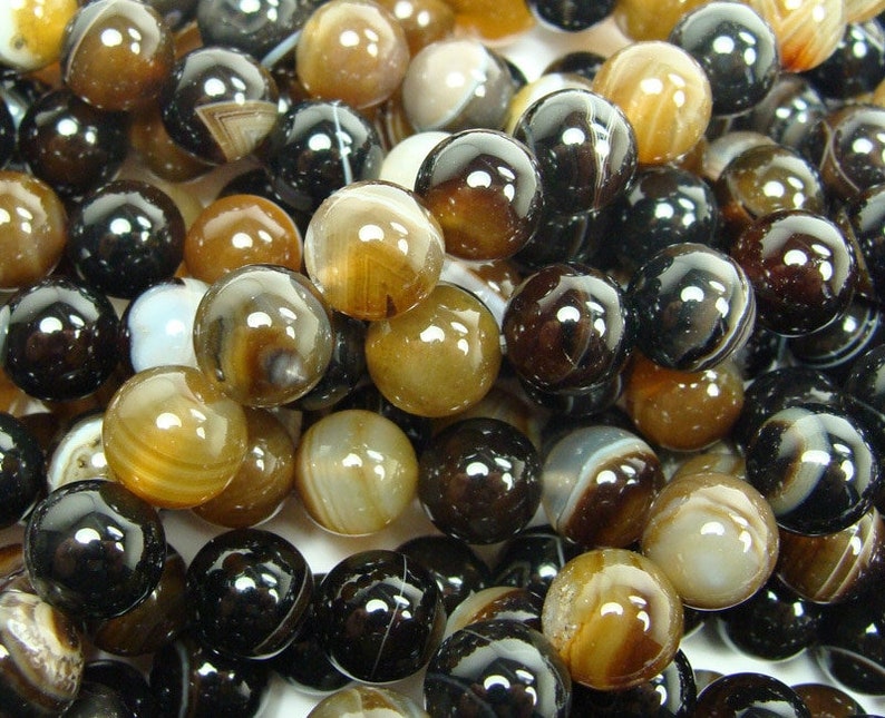 Natural 10mm 15 inch Brown striped agate plain round beads Genuine Gemstone