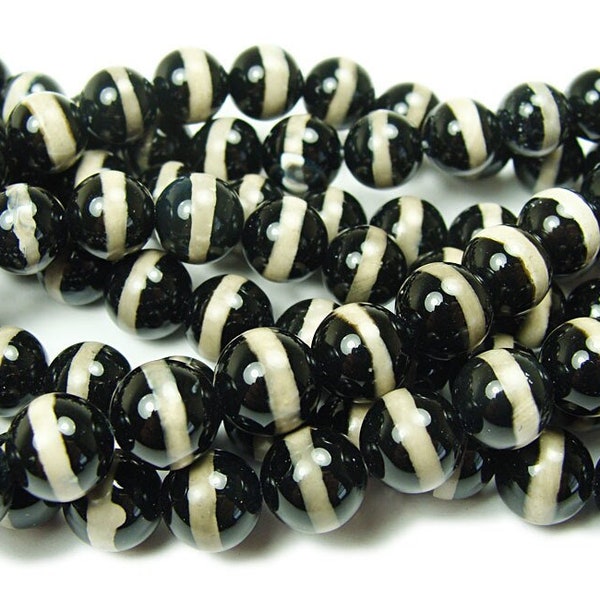 Natural 8mm Tibetan Dzi Style Black And White Line Agate Beads Genuine Gemstone