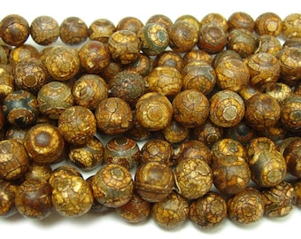 Natural 12mm 32 Beads Tibetan Dzi Style Agate Brown Third Eye Beads Genuine Gemstone