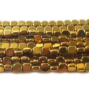 Natural 4x4mm Gold Hematite Flat Square Beads Genuine Gemstone