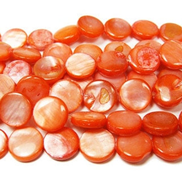 Natural 10mm Red Orange Mother Of Pearl Coin Beads Genuine Gemstone