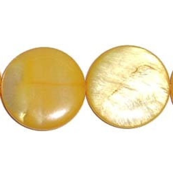 Natural 20mm Yellow Mother Of Pearl Puffed Coin Beads Genuine Gemstone